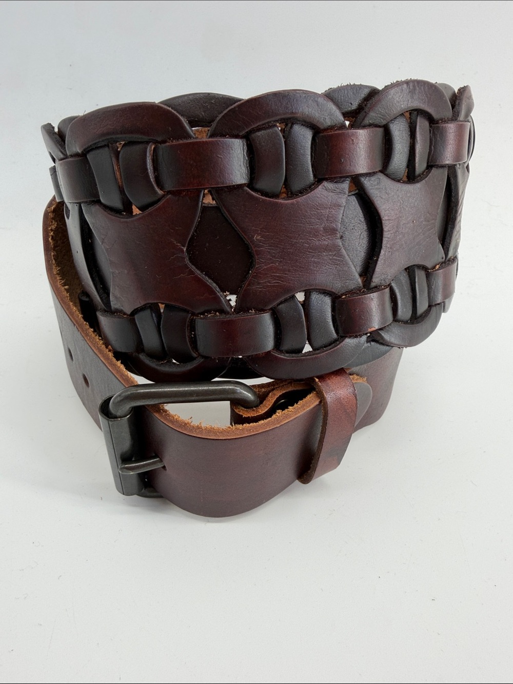 Genuine leather wide braided boho festival belt sz L